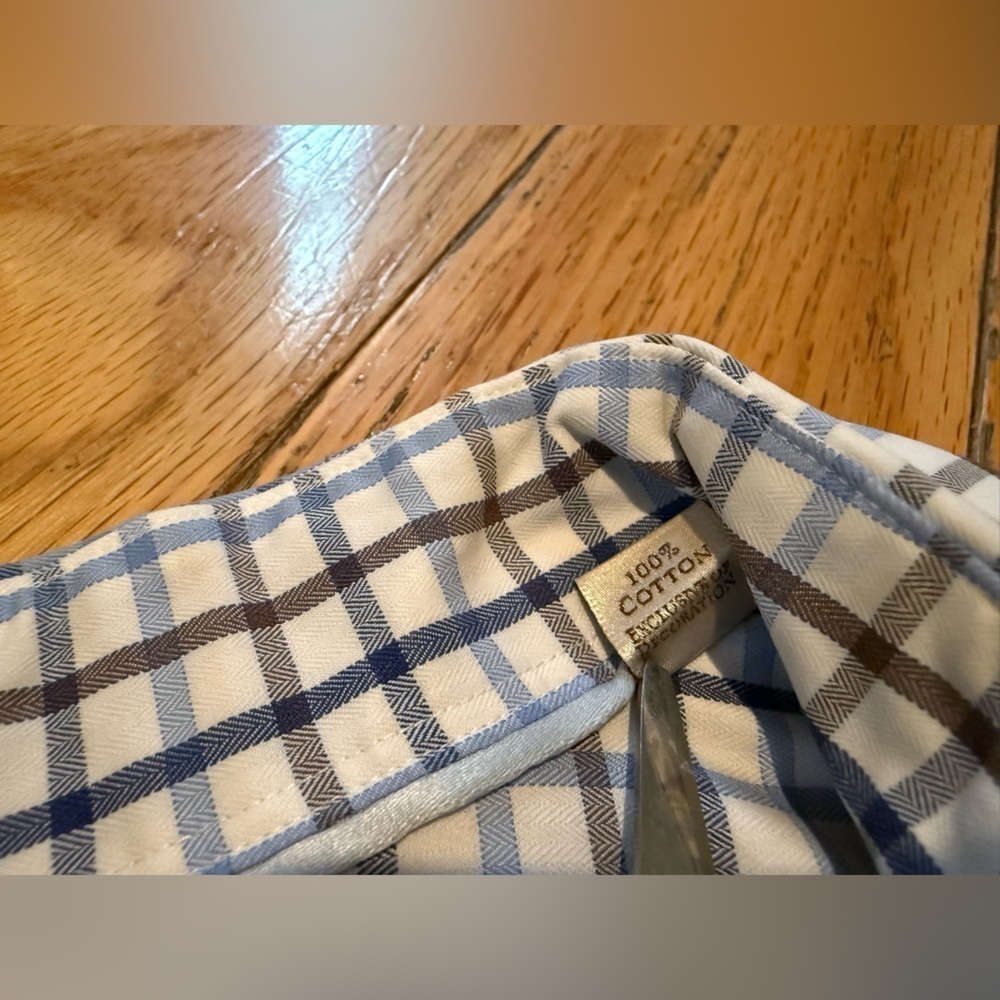 Peter Millar Nanoluxe Easy Care Shirt Blue/White/Brown Check Men Sz M 15.5 Reg - Picture 6 of 12